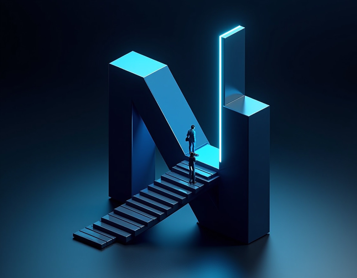 The NavySteel monument — a letter N built from brushed navy-steel blocks with a staircase through its diagonal, edge-lit in cyan and azure